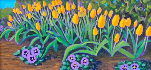 Plein air oil painting of yellow tulips at WRAL Azalea Gardens in Raleigh by Gio Argentati