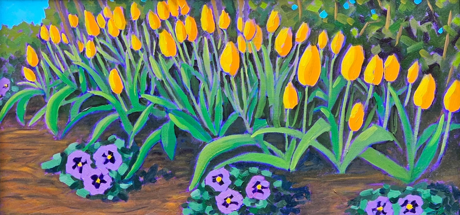 Plein air oil painting of yellow tulips at WRAL Azalea Gardens in Raleigh by Gio Argentati