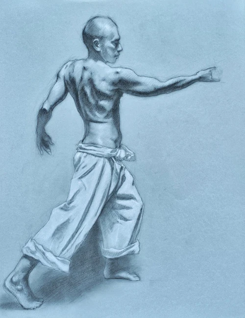 Charcoal drawing of standing figure on blue tinted paper by Gio Argentati