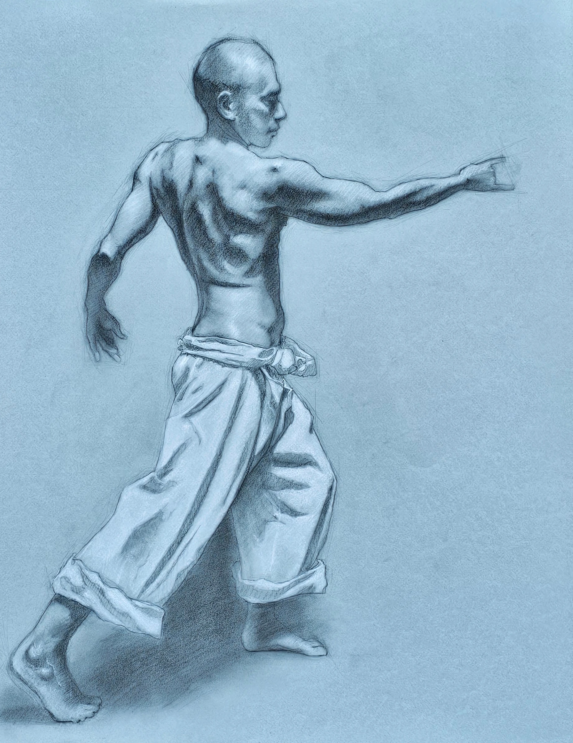 Charcoal drawing of standing figure on blue tinted paper by Gio Argentati