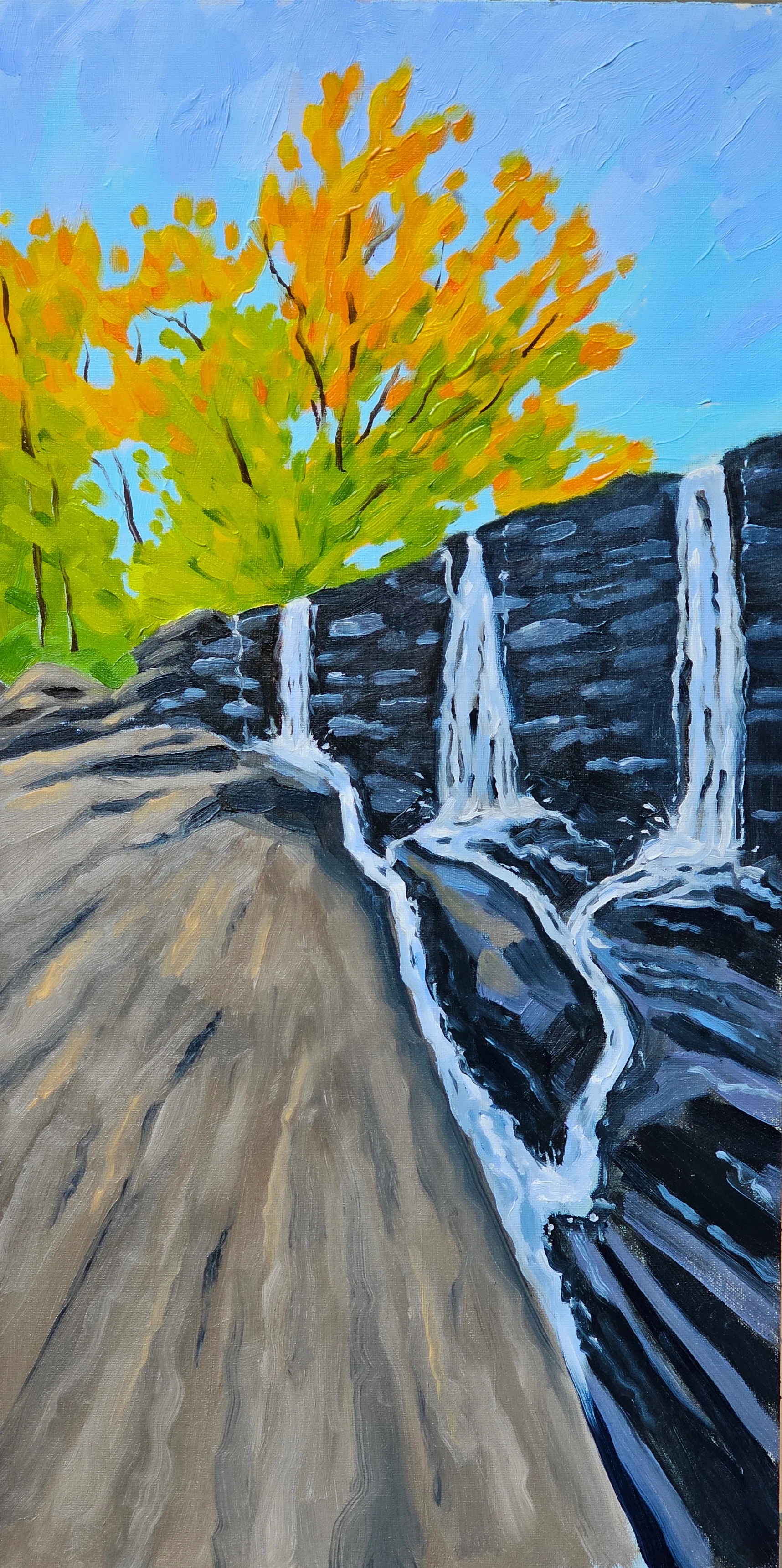 Oil painting of Yates Mill dam by Gio Argentati